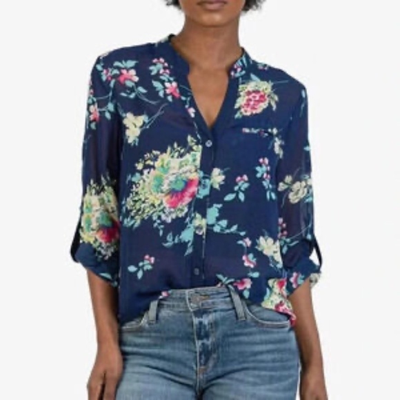 EUC Kut From The Kloth Jasmine Chiffon Blouse Blue Floral Size Medium - Picture 1 of 8